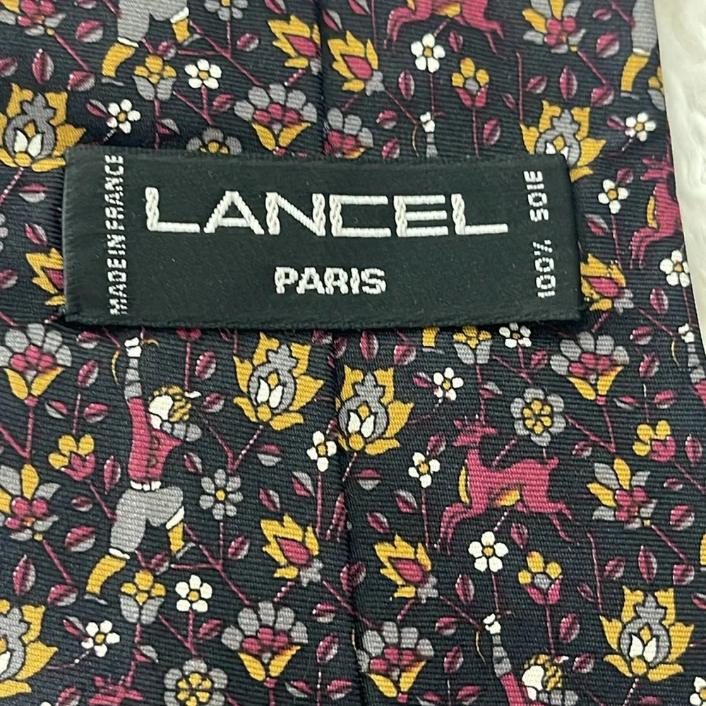 LANCEL PARIS 100% Silk Tie Floral Hunting Deer Print Burgundy Gray Mustard Black